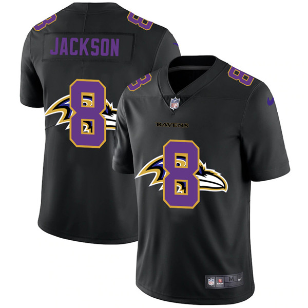 Men's Baltimore Ravens #8 Lamar Jackson 2020 Black Shadow Logo Limited Stitched NFL Jersey